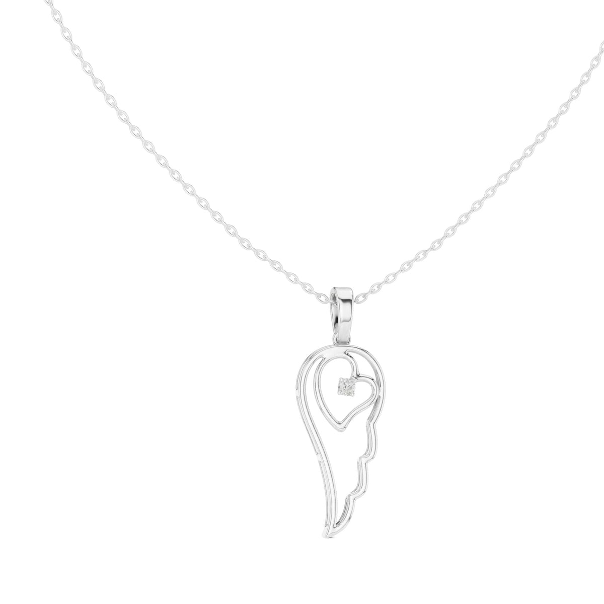 Angel wing heart pendant with round diamond, white gold-tone setting on chain.