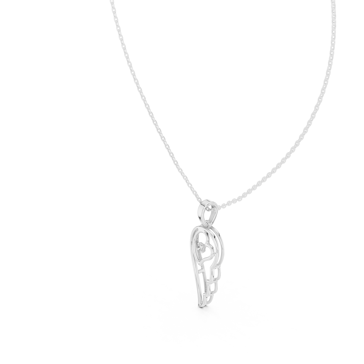 Angel wing heart pendant with round diamond, white gold-tone side view on chain.
