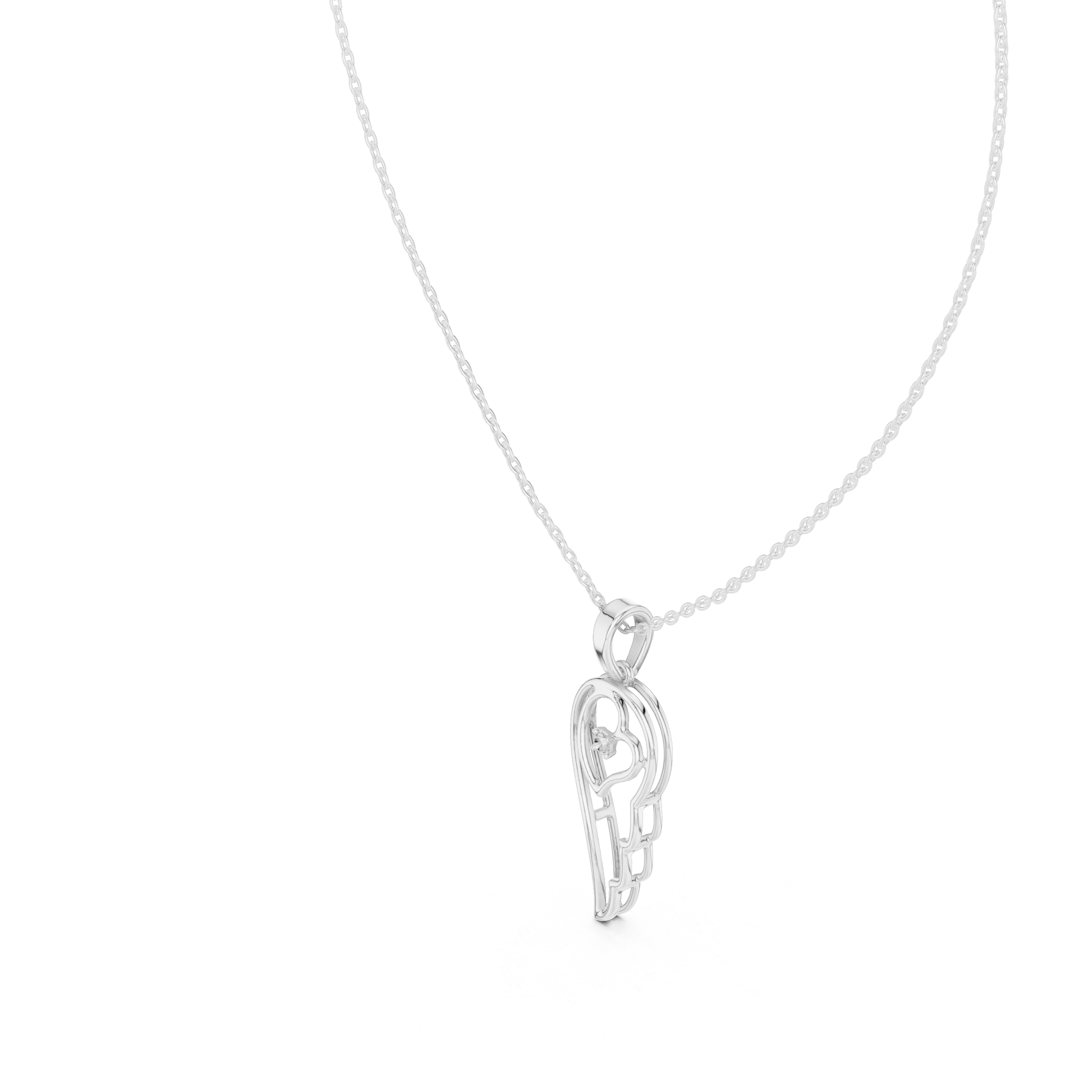 White gold heart pendant with round diamond, angel wing detail