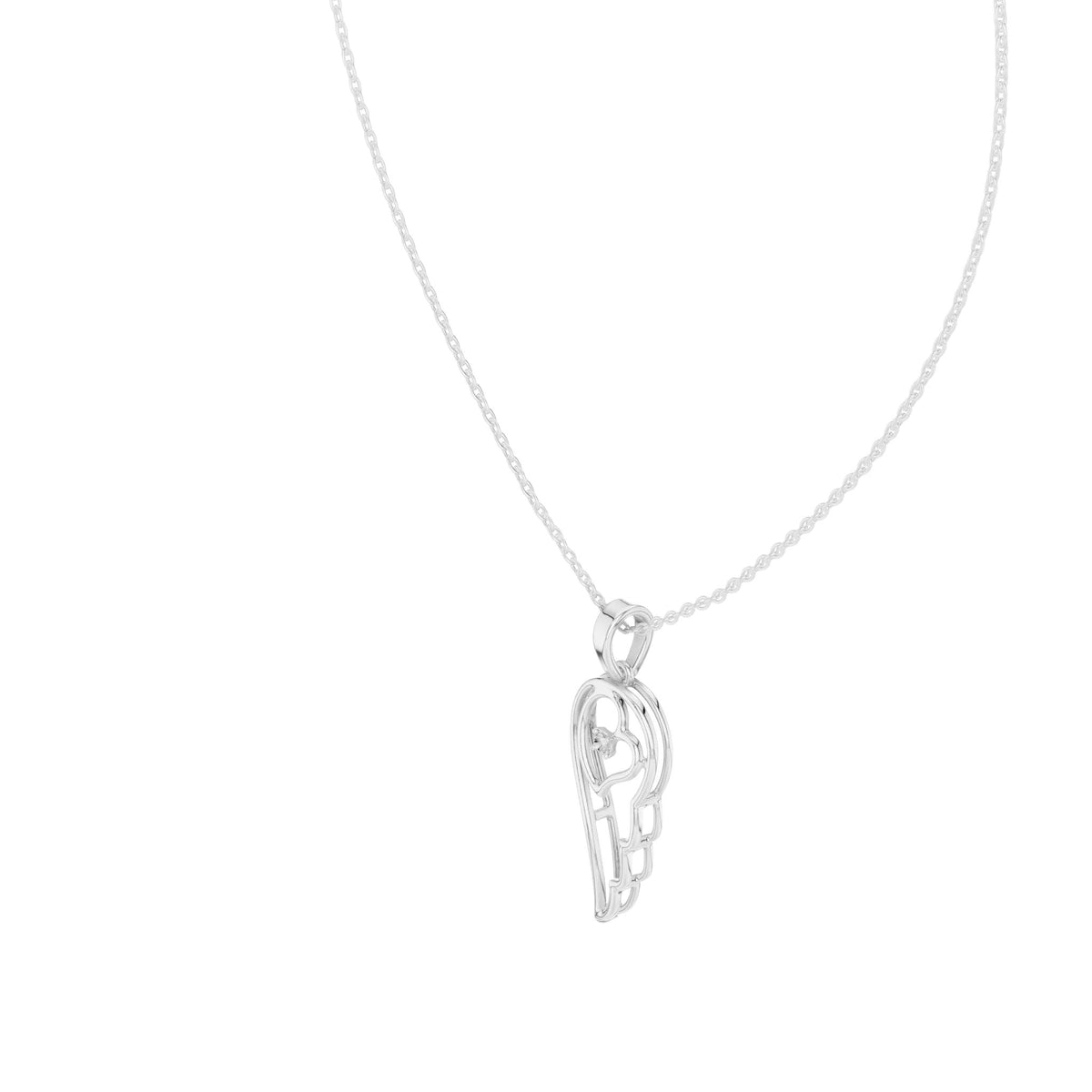 Angel wing heart pendant with round diamond, white gold-tone side view on chain.