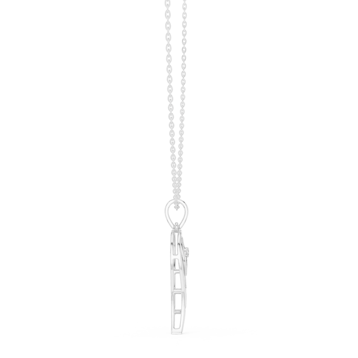 Angel wing heart pendant with round diamond, white gold-tone top view with chain.