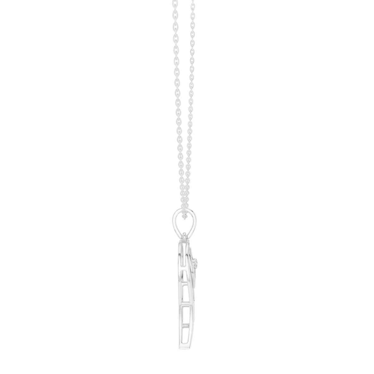 Angel wing heart pendant with round diamond, white gold-tone top view with chain.
