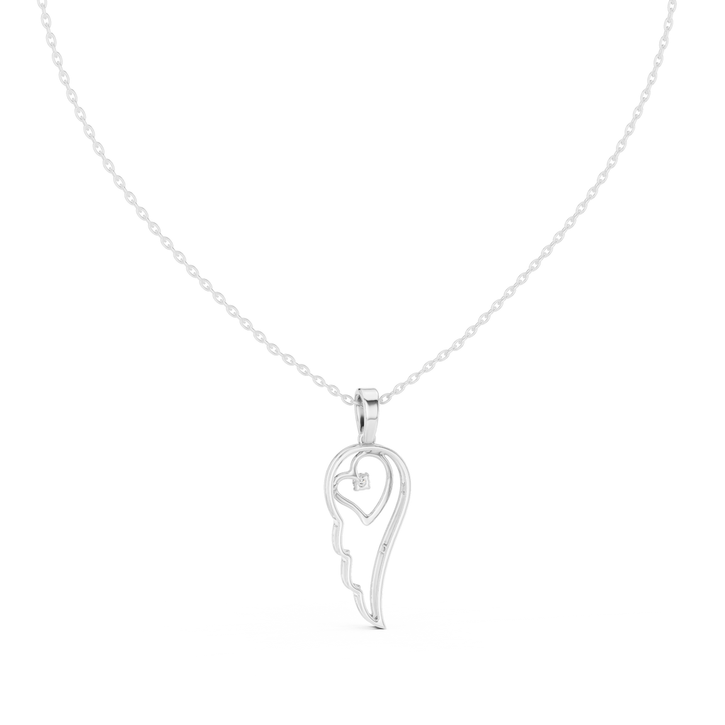 White gold heart-and-wing diamond pendant with round center stone on chain