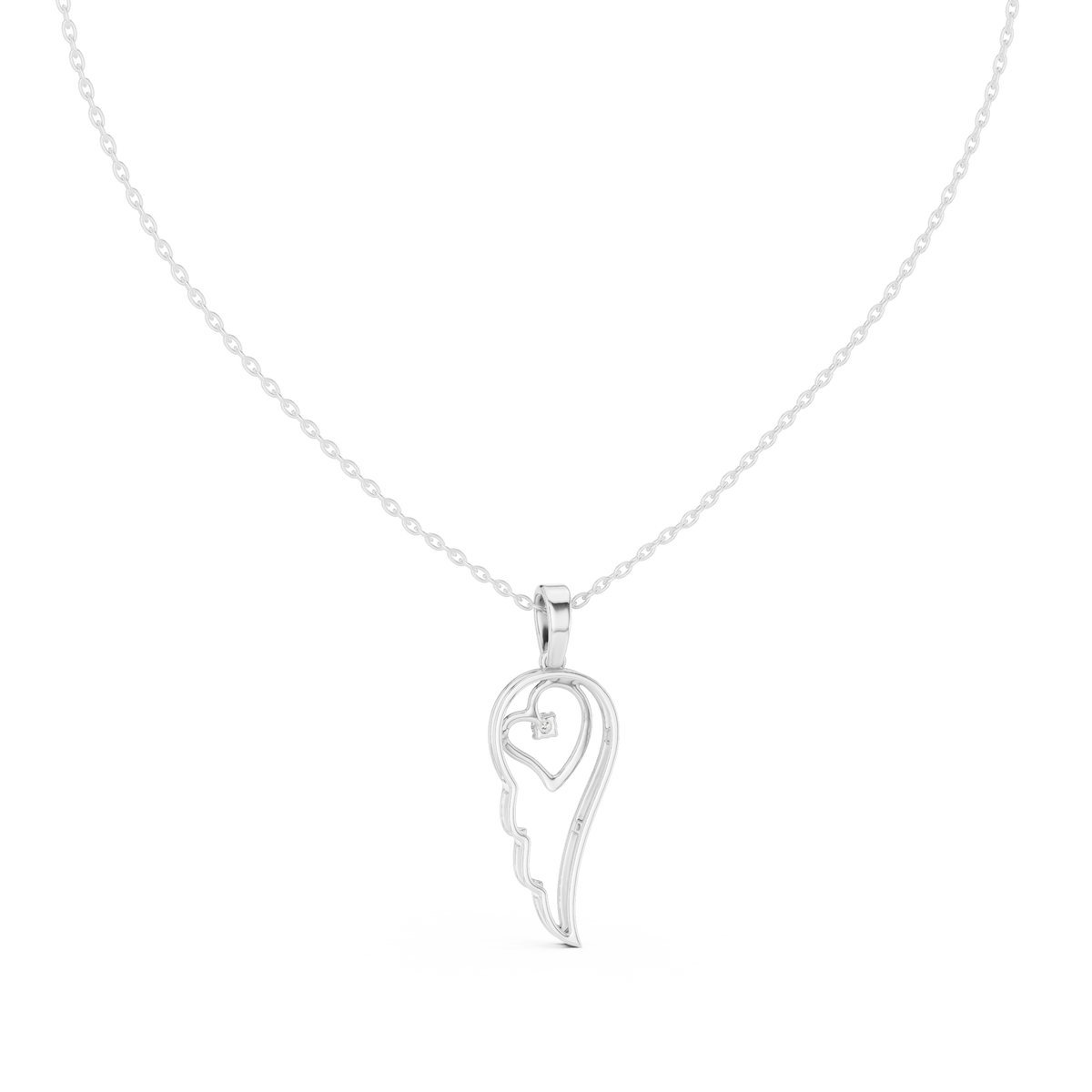 White gold heart-and-wing diamond pendant with round center stone on chain