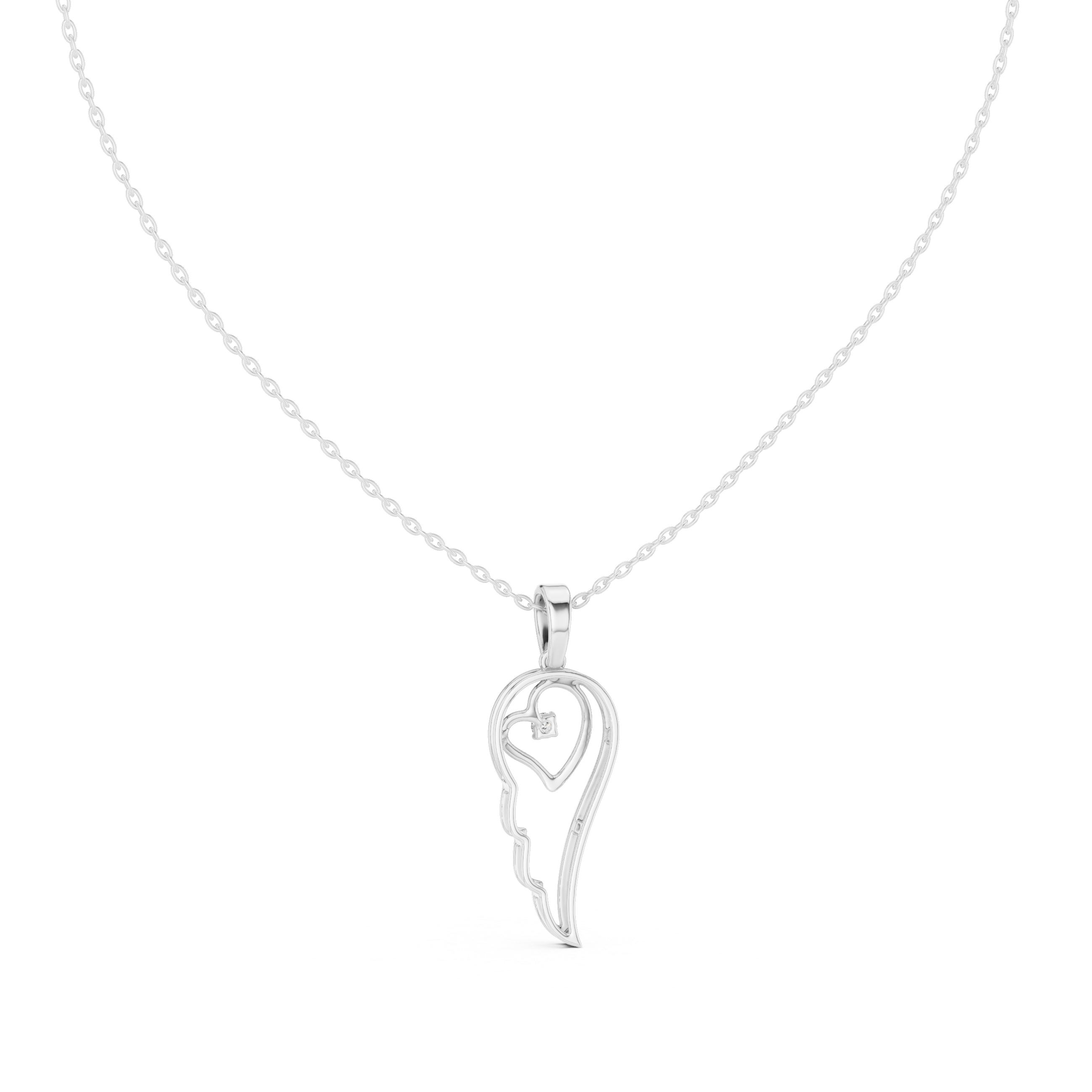 White gold heart-and-wing diamond pendant with round center stone on chain