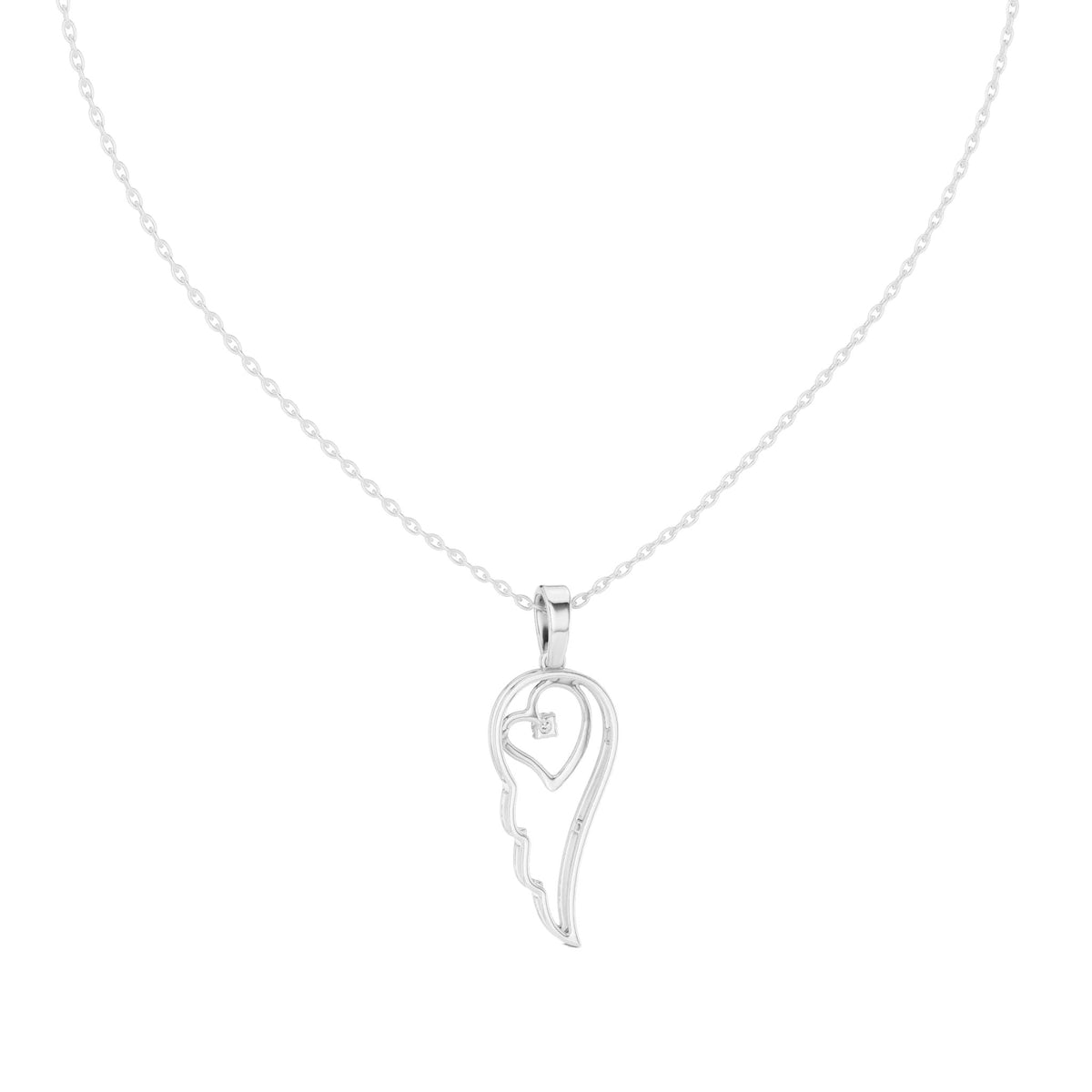White gold heart-and-wing diamond pendant with round center stone on chain