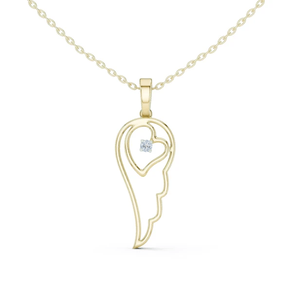 Yellow gold heart-shaped angel wing pendant with round diamond