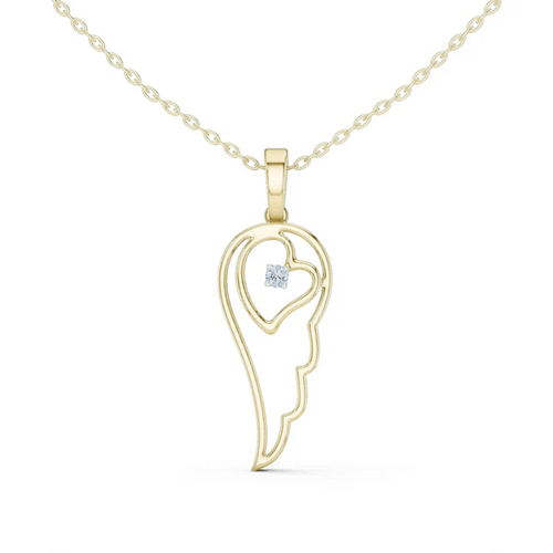 Angel wing heart pendant with round diamond, yellow gold-tone setting on chain.