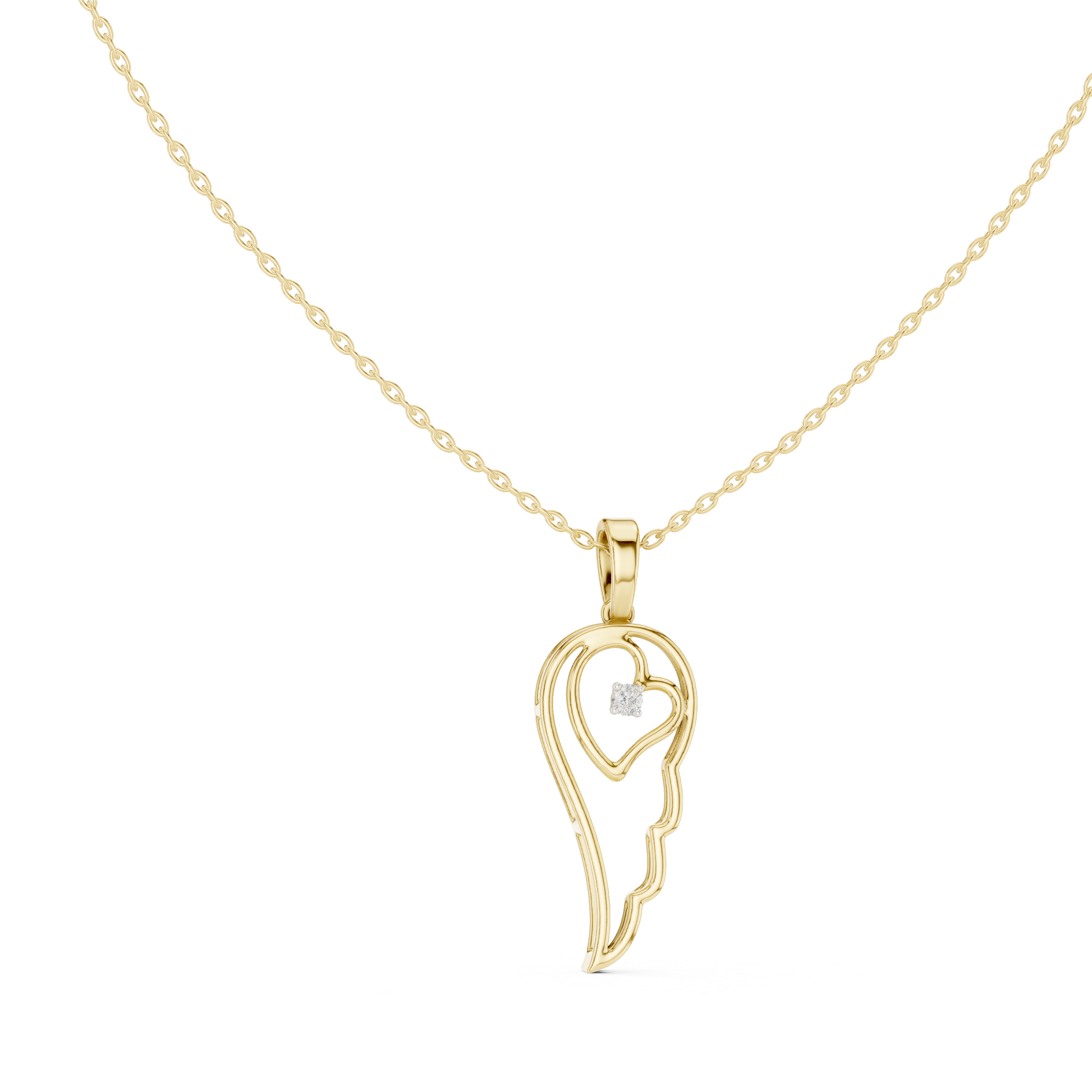 Angel wing heart pendant with round diamond, yellow gold-tone setting on chain.
