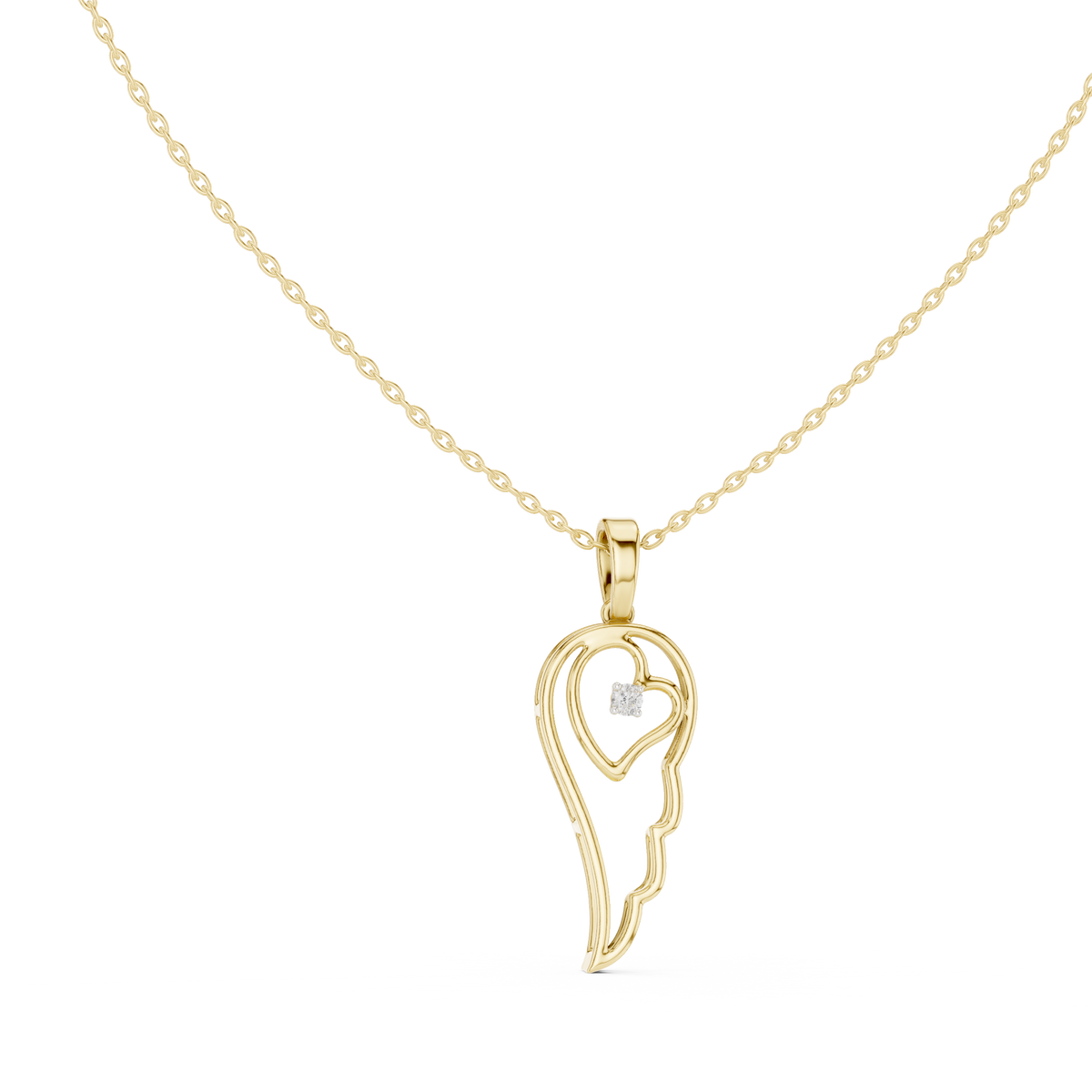 Angel wing heart pendant with round diamond, yellow gold-tone setting on chain.