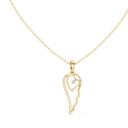 Angel wing heart pendant with round diamond, yellow gold-tone setting on chain.