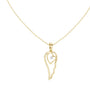 Angel wing heart pendant with round diamond, yellow gold-tone setting on chain.