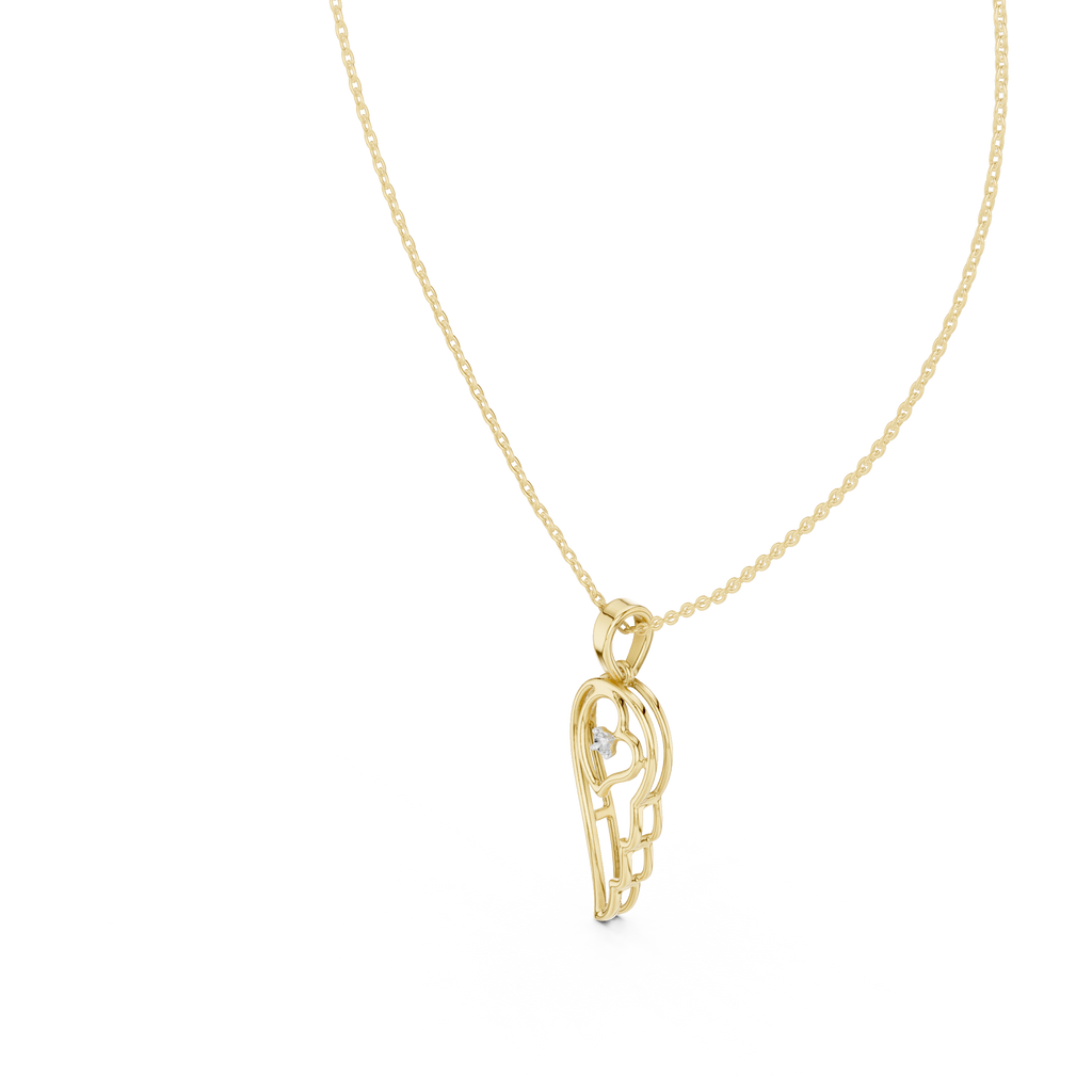 Yellow gold heart pendant with round diamond, angel wing detail