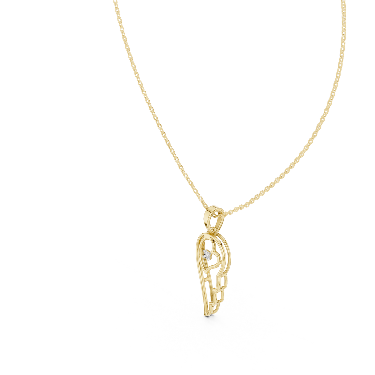 Angel wing heart pendant with round diamond, yellow gold-tone side view on chain.