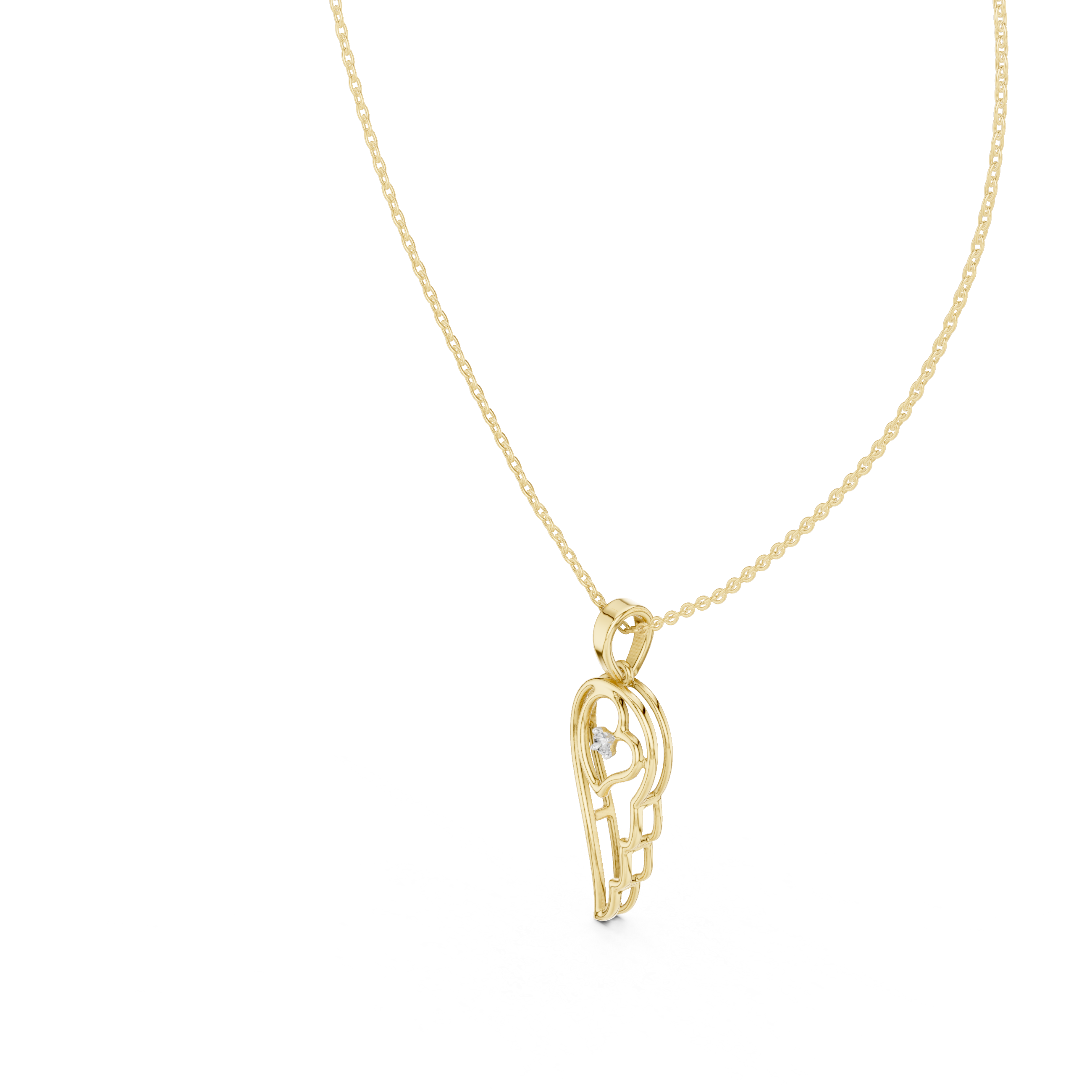 Yellow gold heart pendant with round diamond, angel wing detail