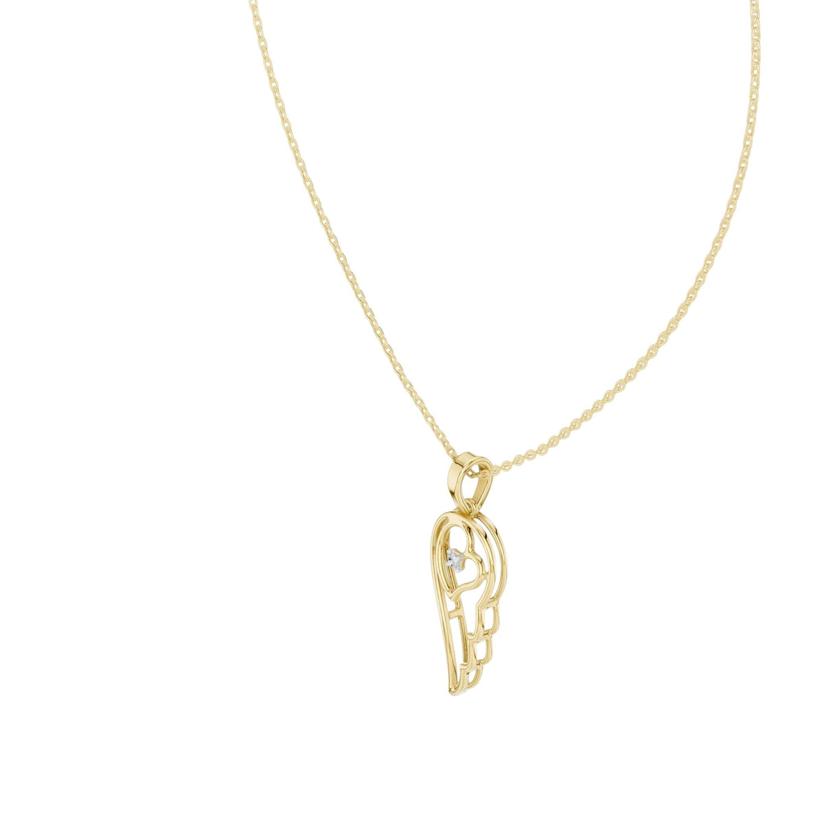 Angel wing heart pendant with round diamond, yellow gold-tone side view on chain.