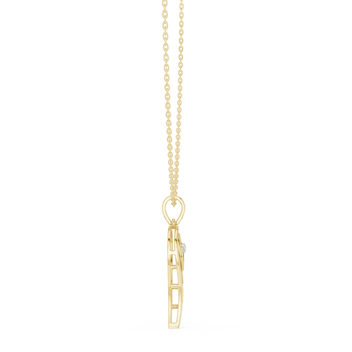 Angel wing heart pendant with round diamond, yellow gold-tone top view with chain.