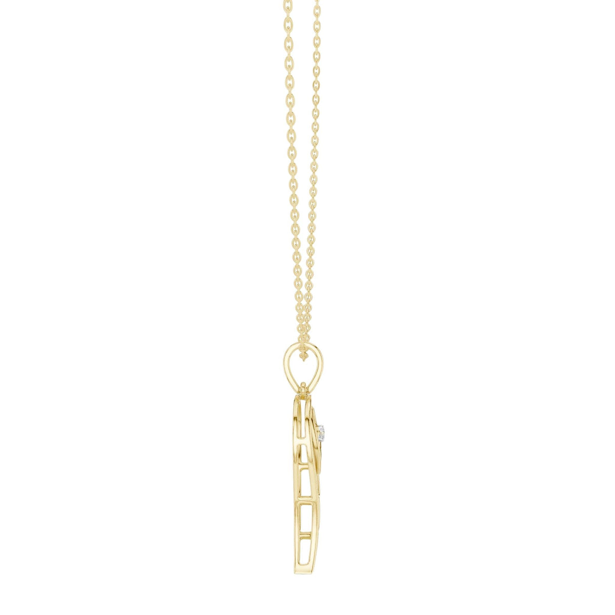 Angel wing heart pendant with round diamond, yellow gold-tone top view with chain.