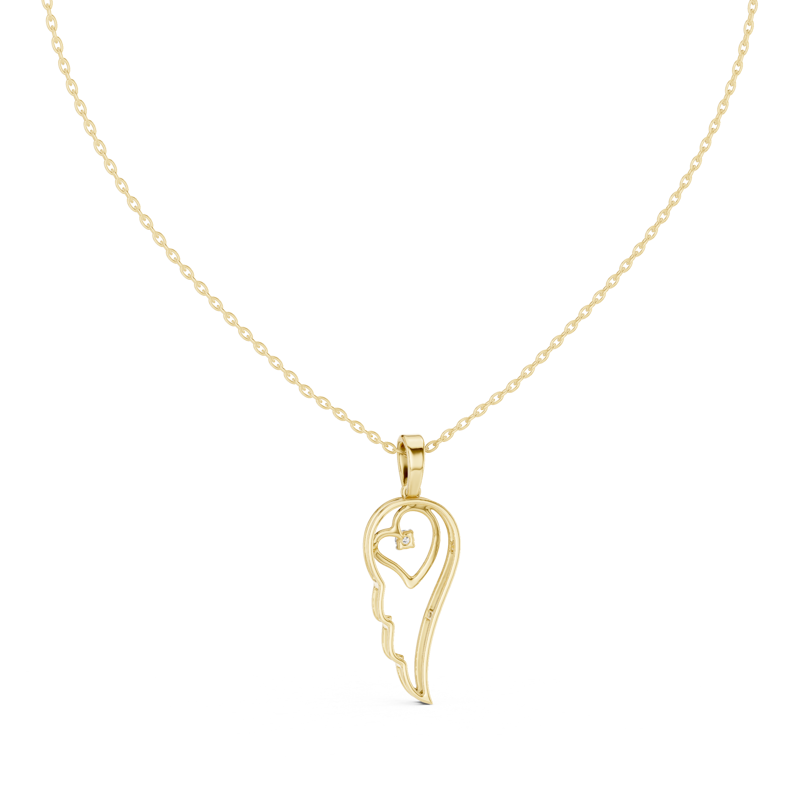 Angel wing heart pendant with round diamond, yellow gold-tone front view on chain.