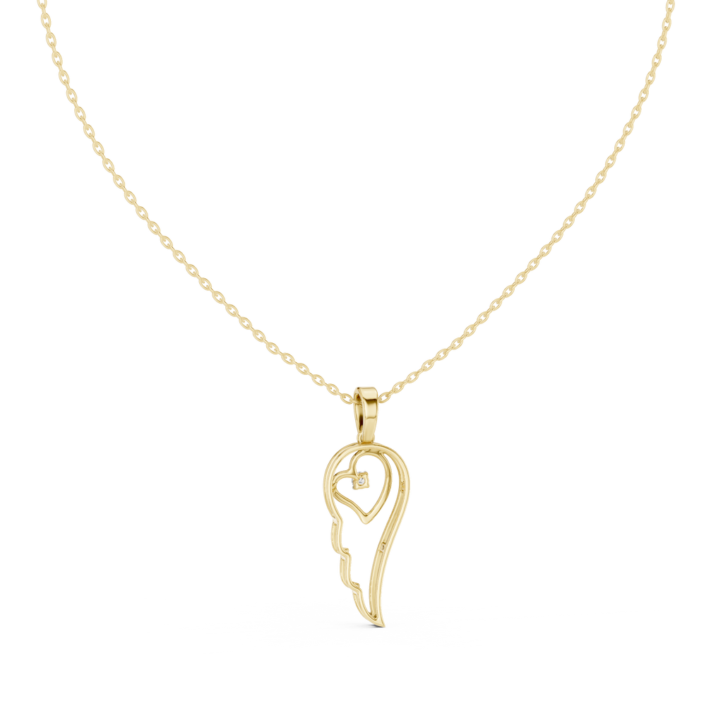 Yellow gold heart angel wing pendant with round diamond, front view
