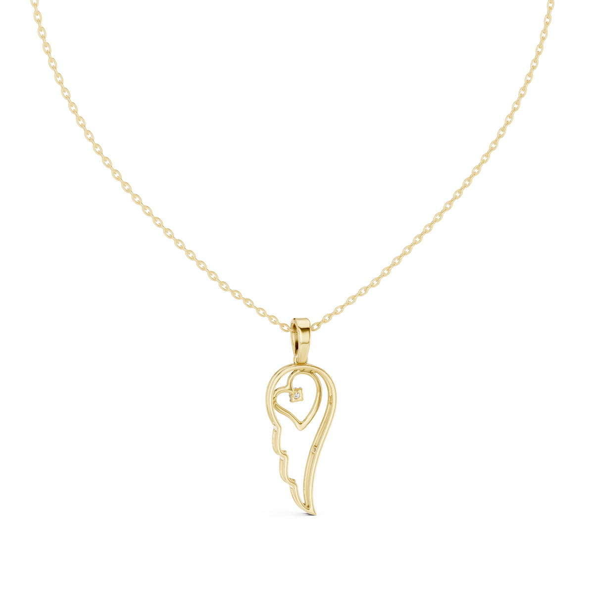 Angel wing heart pendant with round diamond, yellow gold-tone front view on chain.