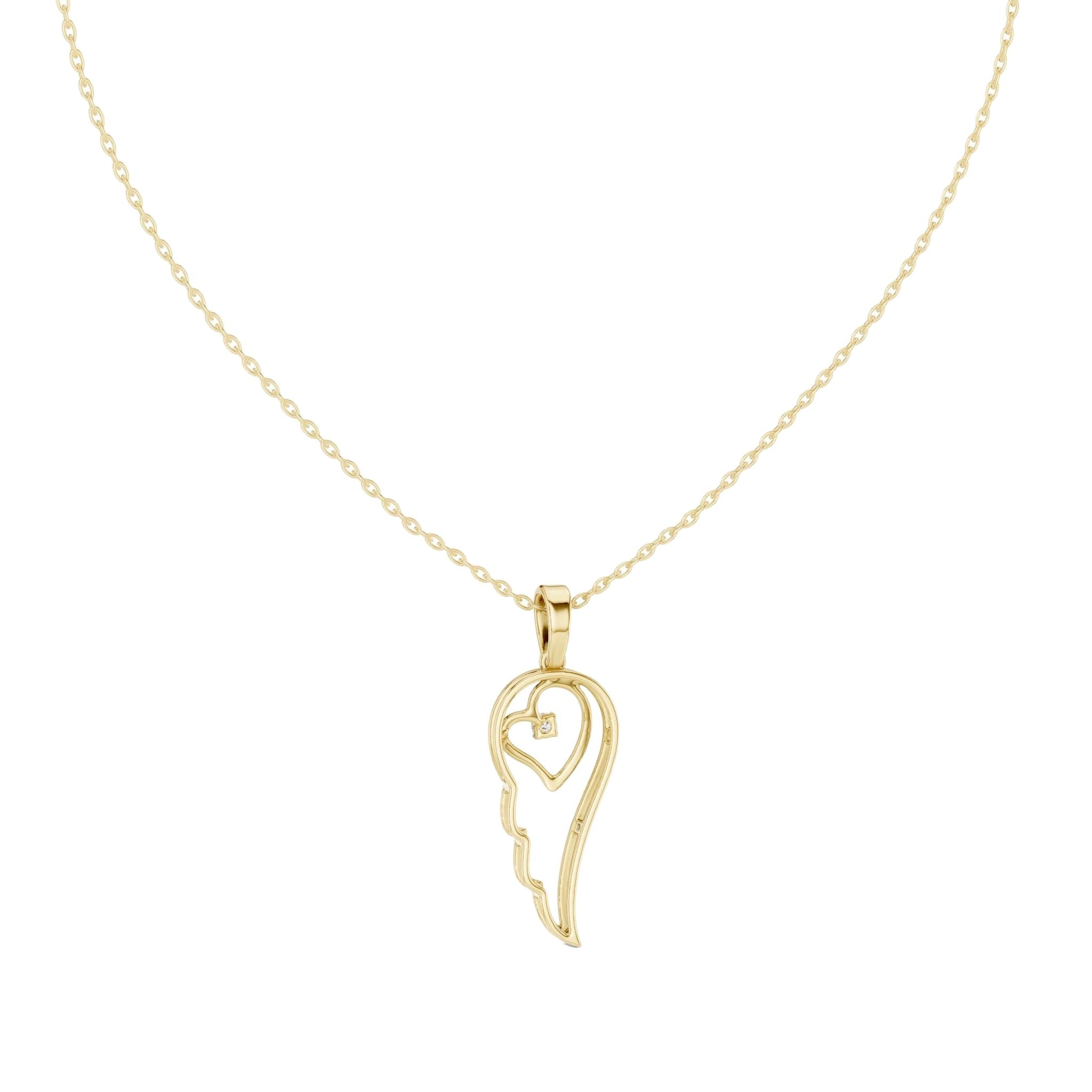 Angel wing heart pendant with round diamond, yellow gold-tone front view on chain.