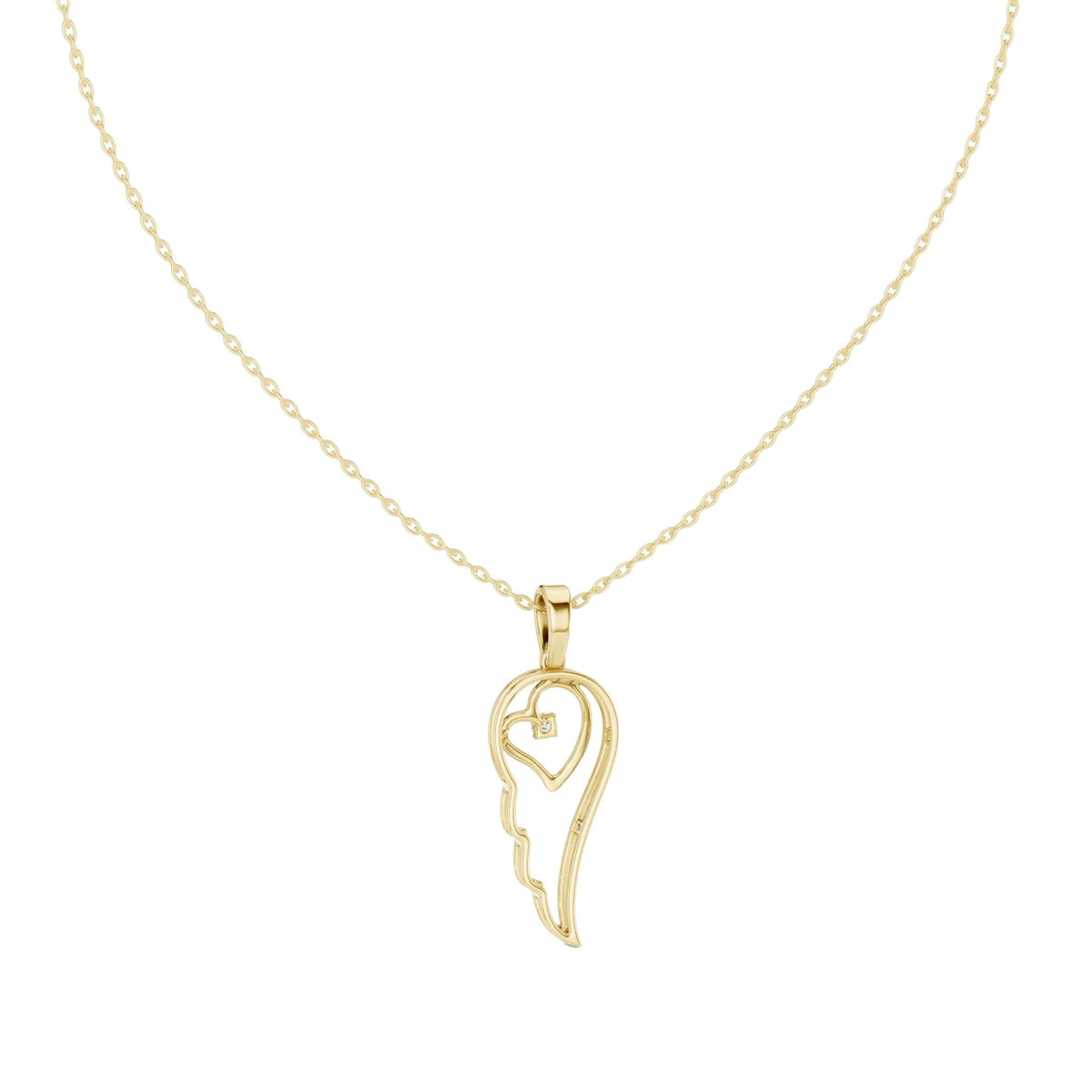 Angel wing heart pendant with round diamond, yellow gold-tone front view on chain.