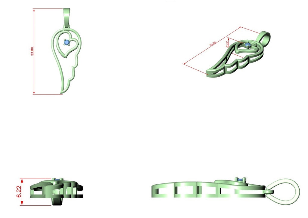 Heart-and-wing diamond pendant technical diagram with green-highlighted details