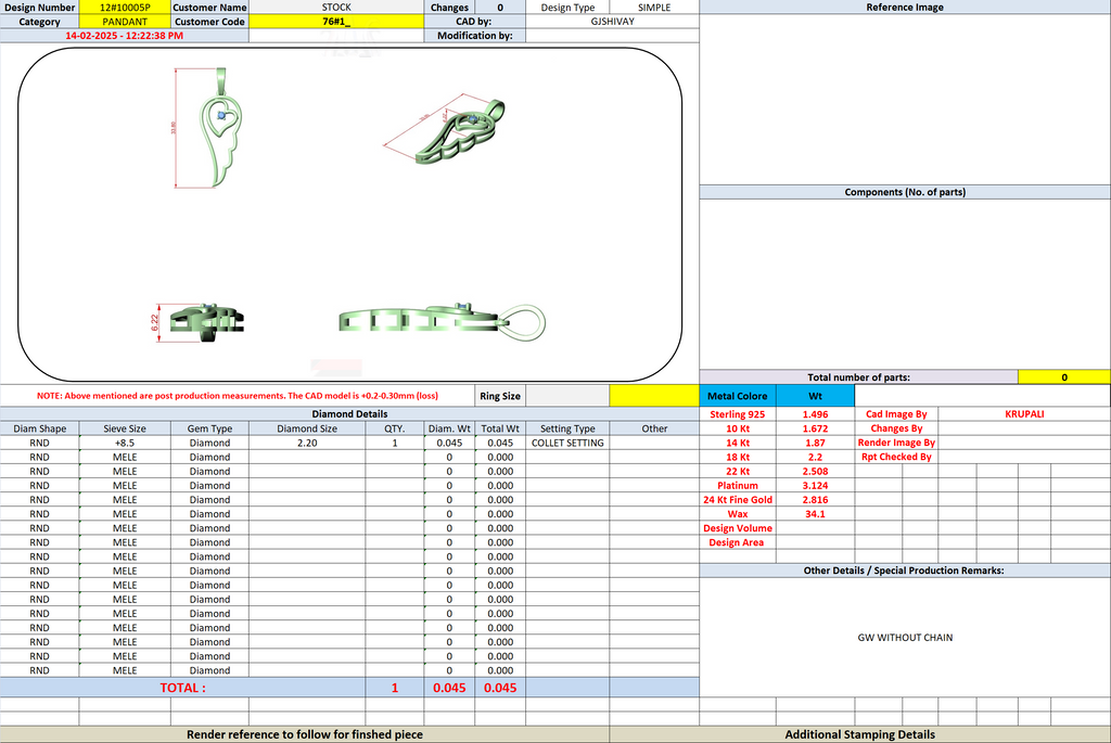 Heart-and-wing diamond pendant parts reference sheet with round center setting
