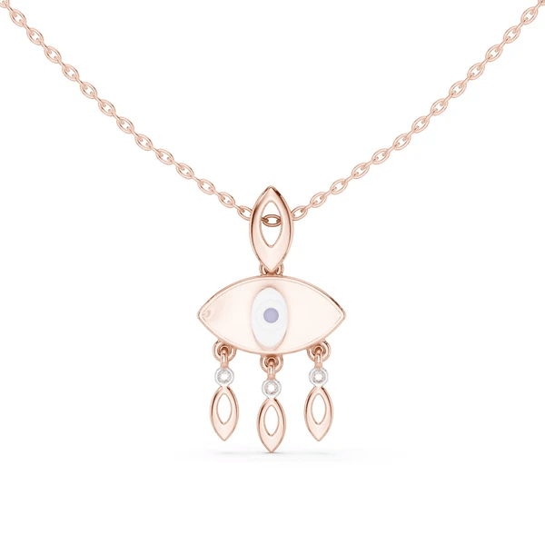 Rose gold evil eye pendant necklace with central eye charm and three teardrop dangles