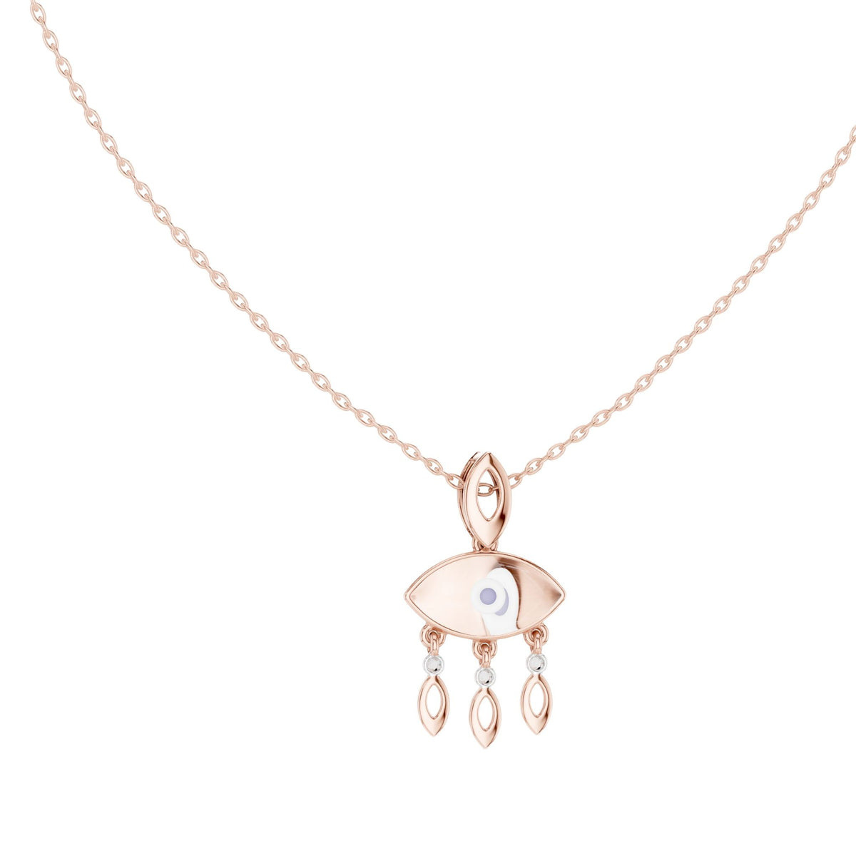 Rose gold evil eye pendant with eye-shaped center and dangling drop charms, on chain