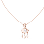 Rose gold evil eye pendant with eye-shaped center and dangling drop charms, on chain
