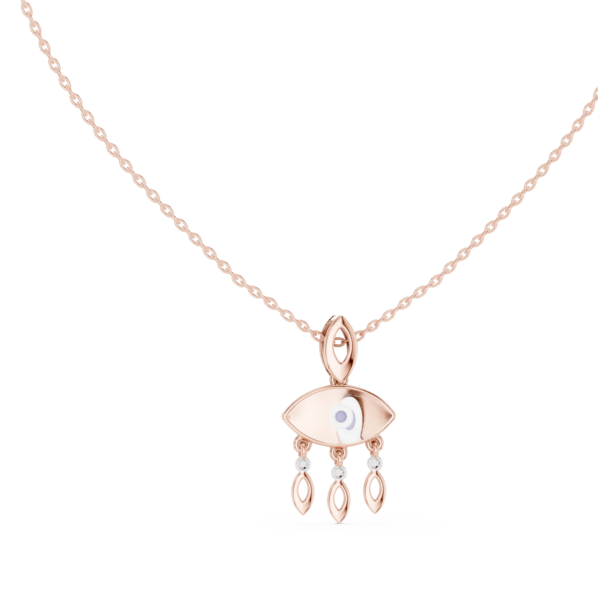 Rose gold evil eye pendant with eye-shaped center and dangling drop charms, on chain
