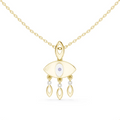 Gold evil eye pendant necklace with central eye charm and three teardrop dangles