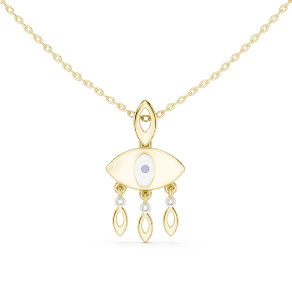 Gold evil eye pendant necklace with central eye charm and three teardrop dangles