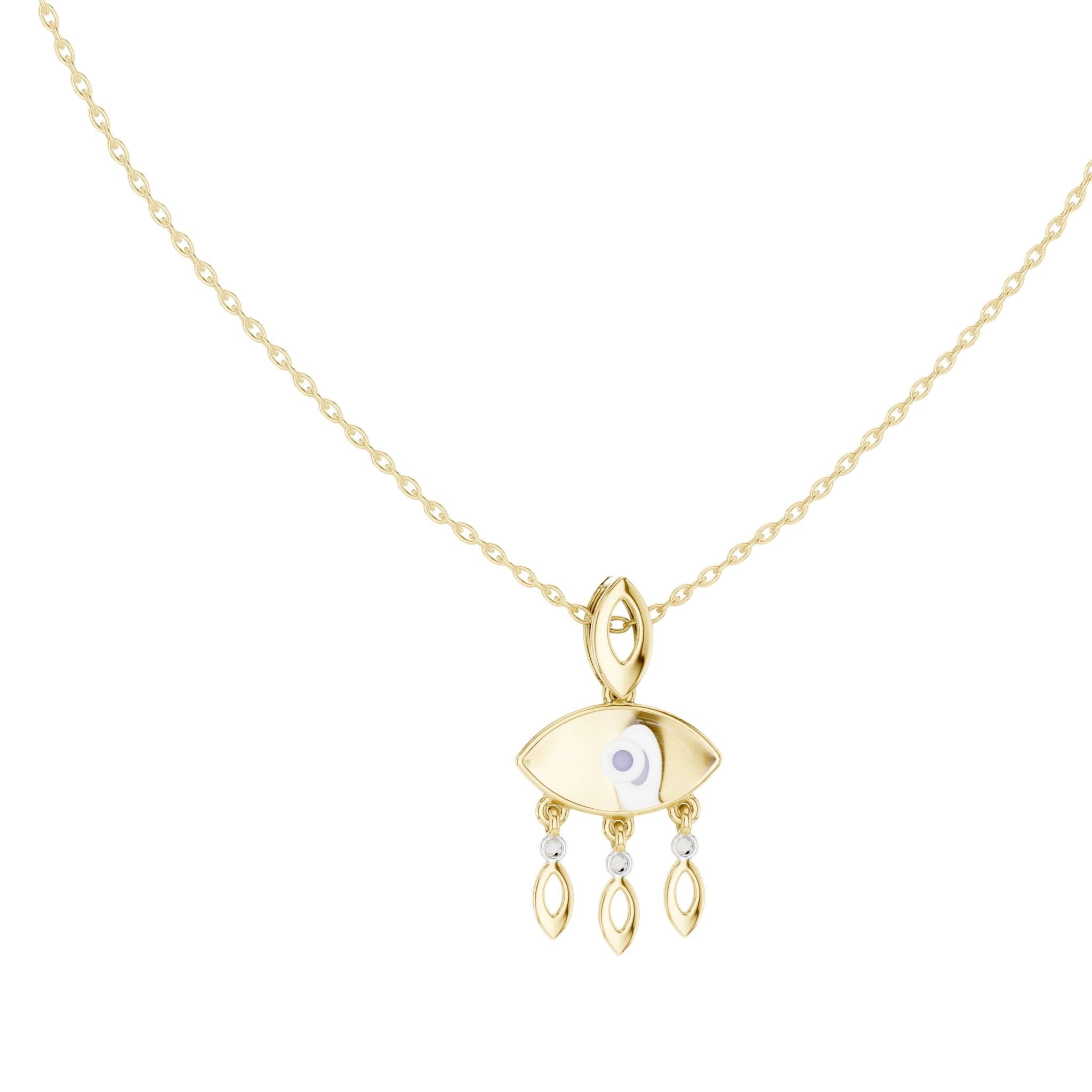 Yellow gold evil eye pendant necklace with round eye charm and three dangling charms
