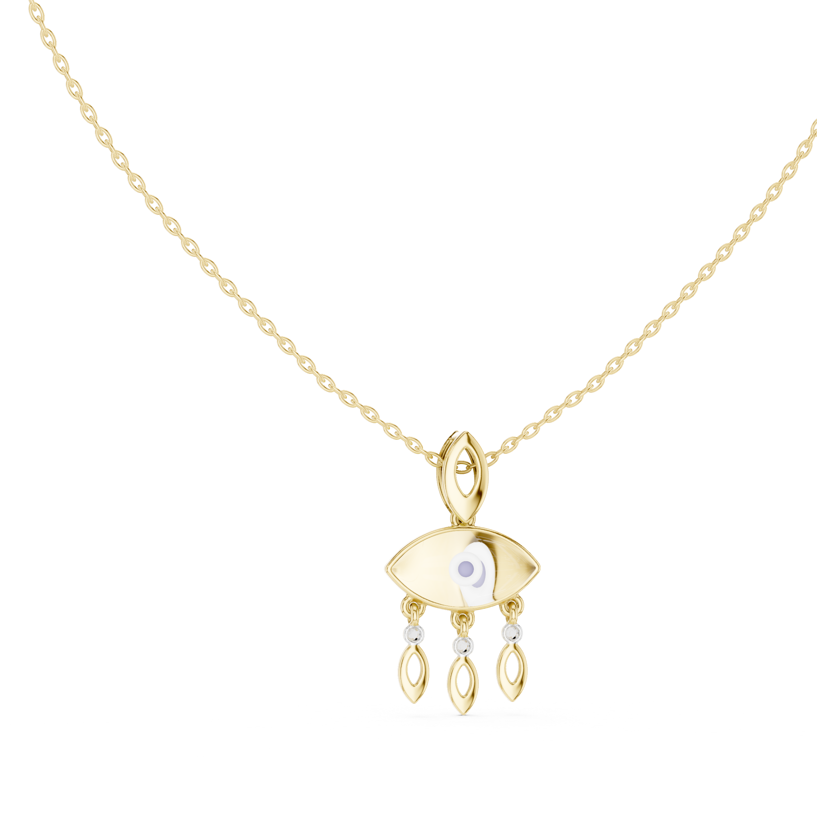 Yellow gold evil eye pendant necklace with round eye charm and three dangling charms