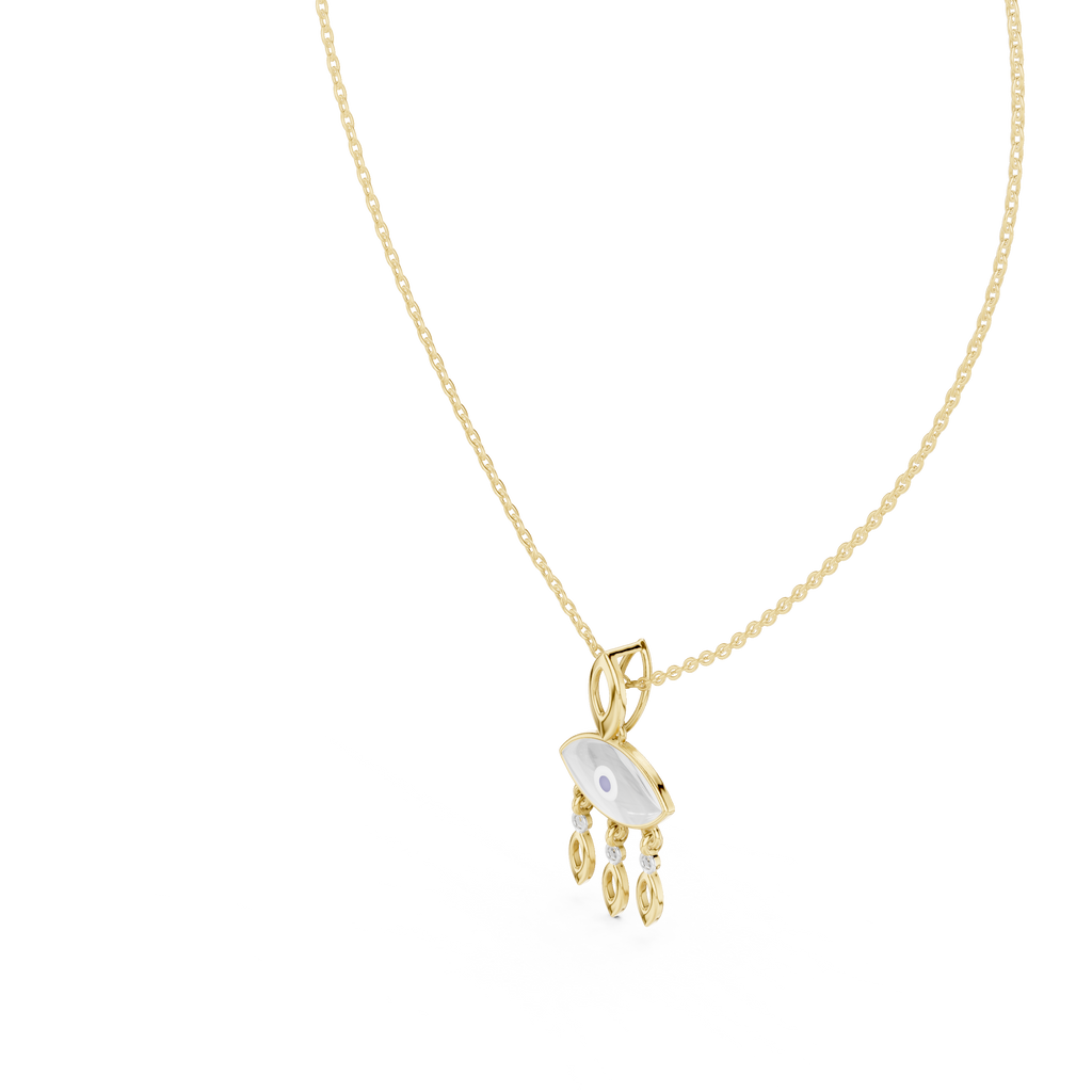 Gold evil eye pendant necklace with central eye charm and three teardrop drops, partial chain