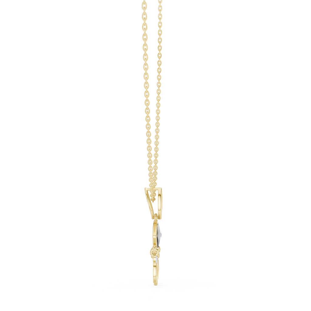 Gold evil eye pendant necklace with eye charm and teardrop dangles, partial view