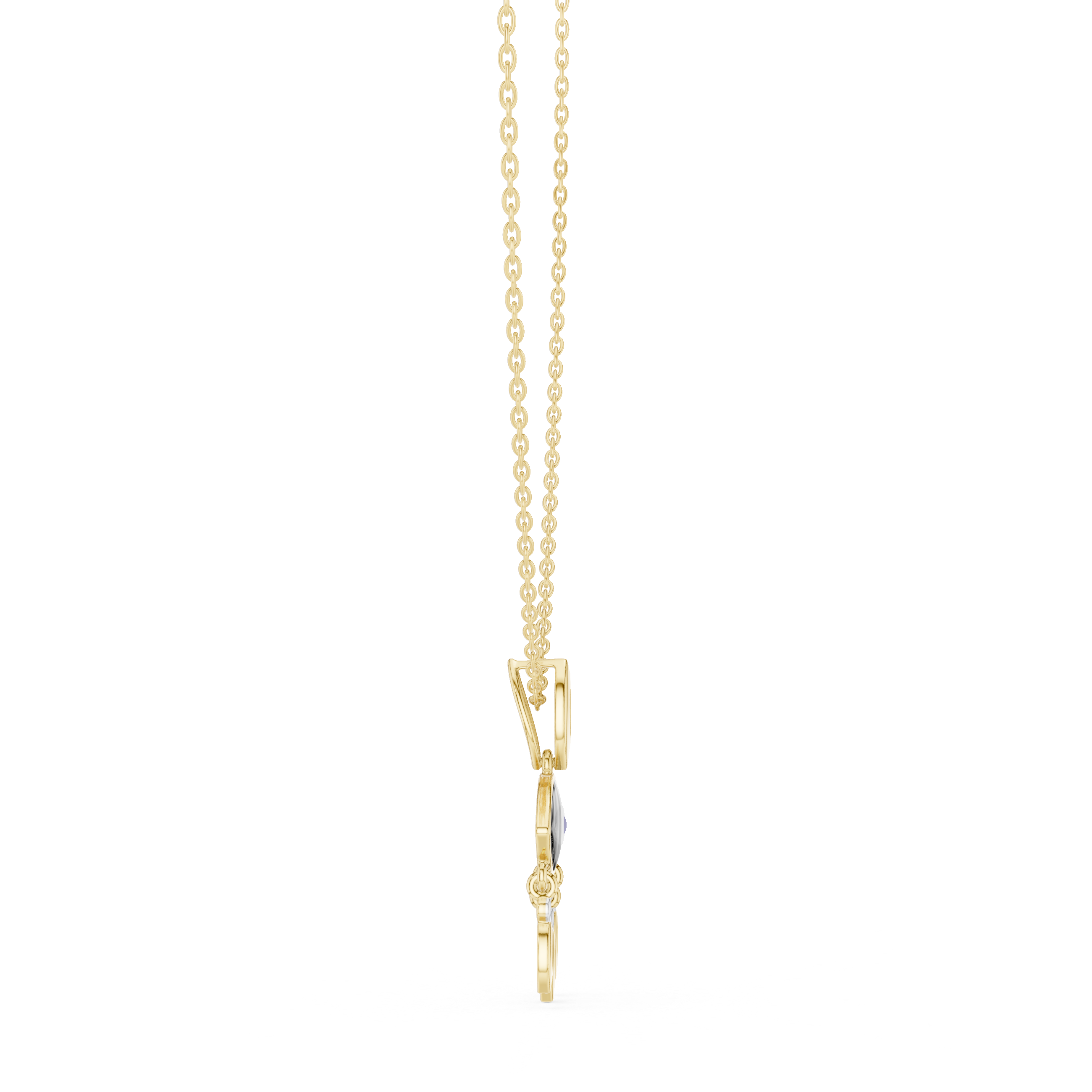 Gold evil eye pendant necklace with eye charm and teardrop dangles, partial view