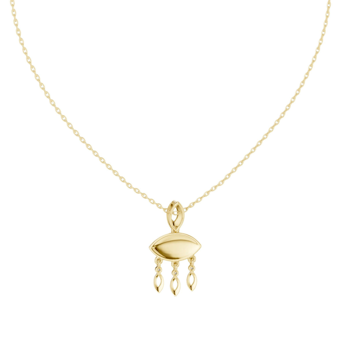 Yellow gold evil eye pendant necklace with round eye charm and three drop dangles