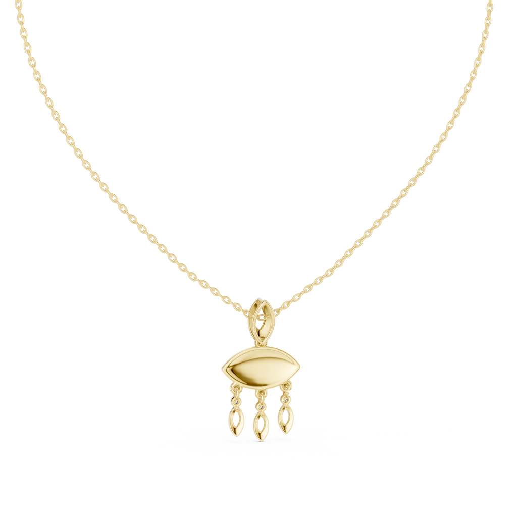 Gold evil eye pendant necklace with central eye charm and three teardrop dangles