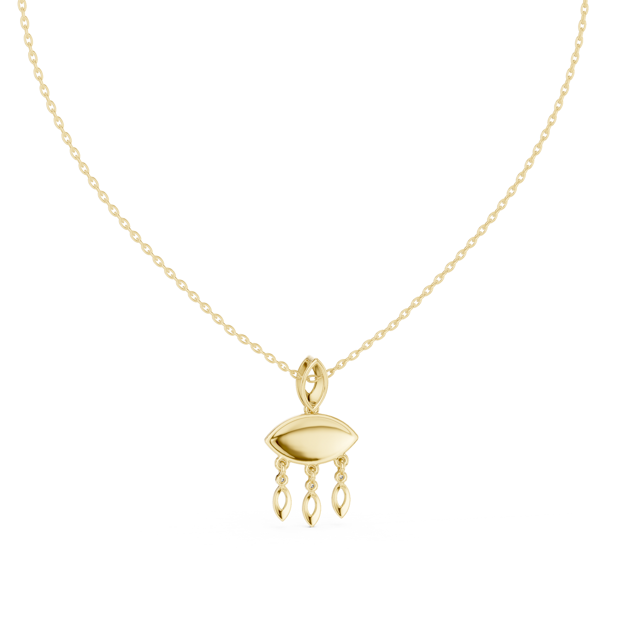 Yellow gold evil eye pendant necklace with round eye charm and three drop dangles