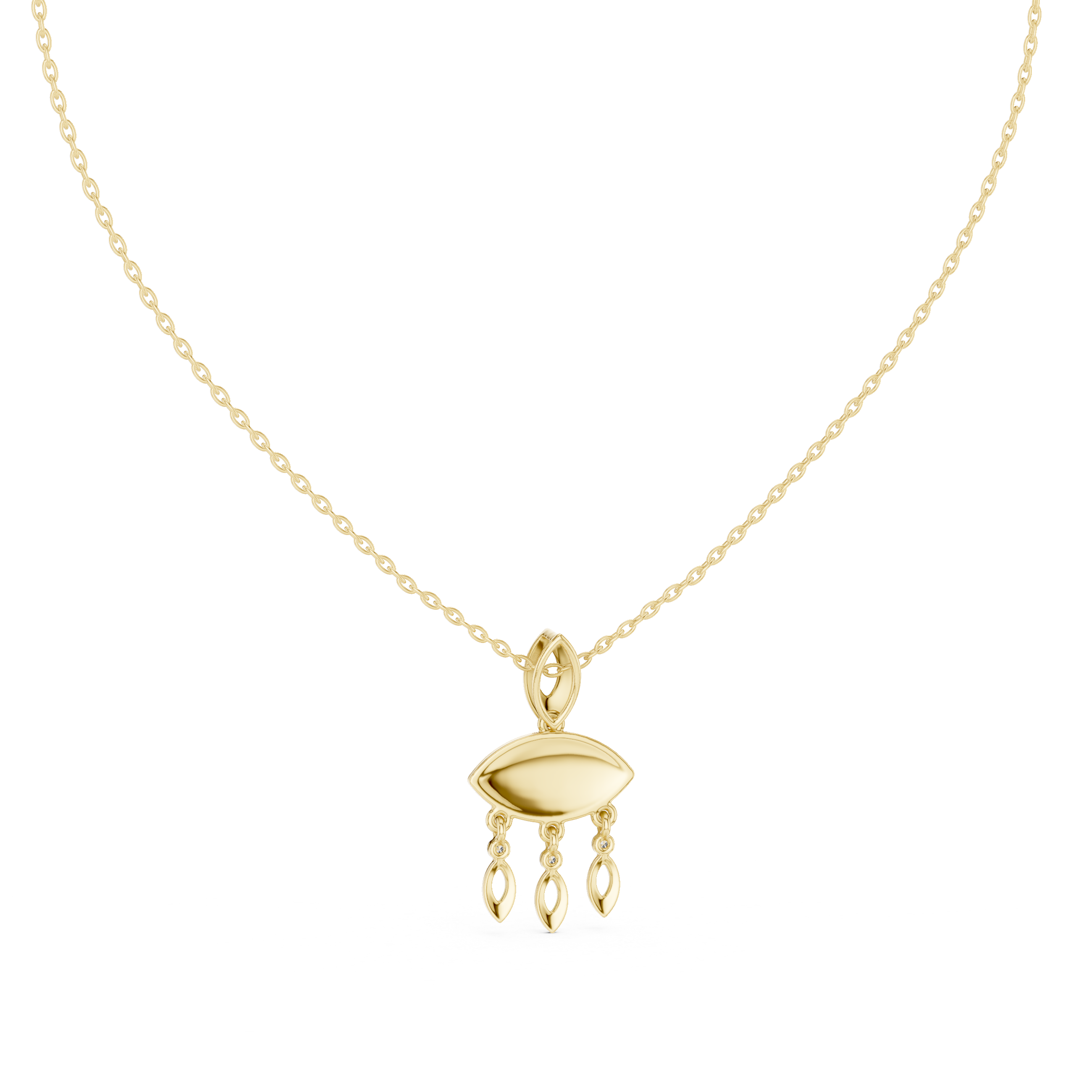 Gold evil eye pendant necklace with central eye charm and three teardrop dangles