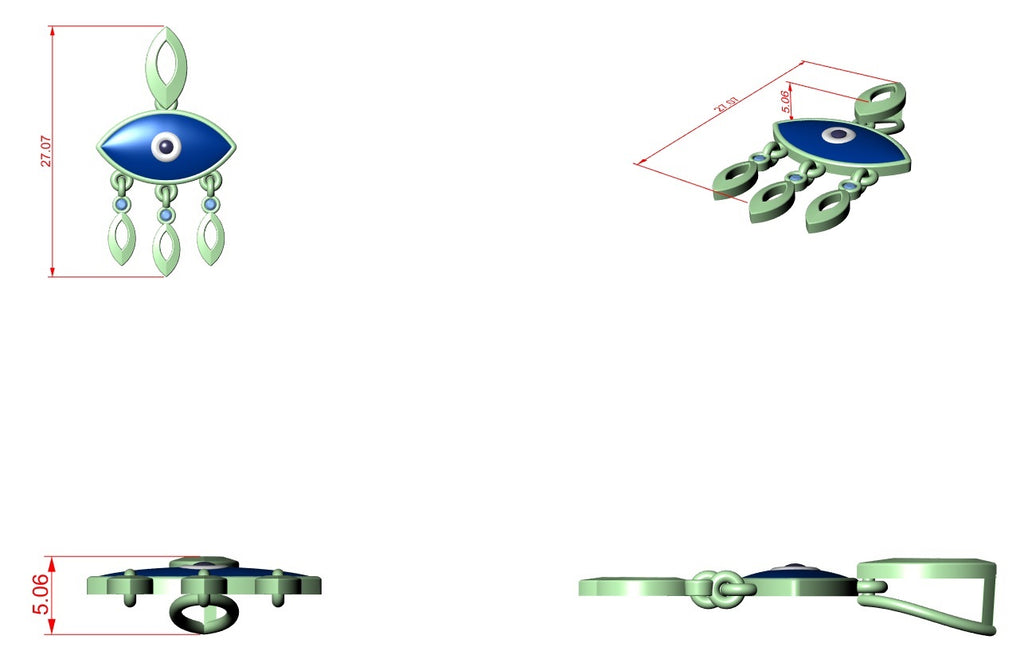 Evil eye pendant parts diagram with measurements and component views