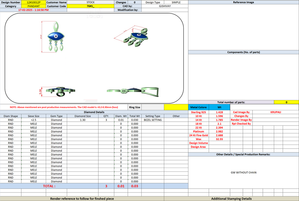 Evil eye pendant production worksheet table with part details and totals