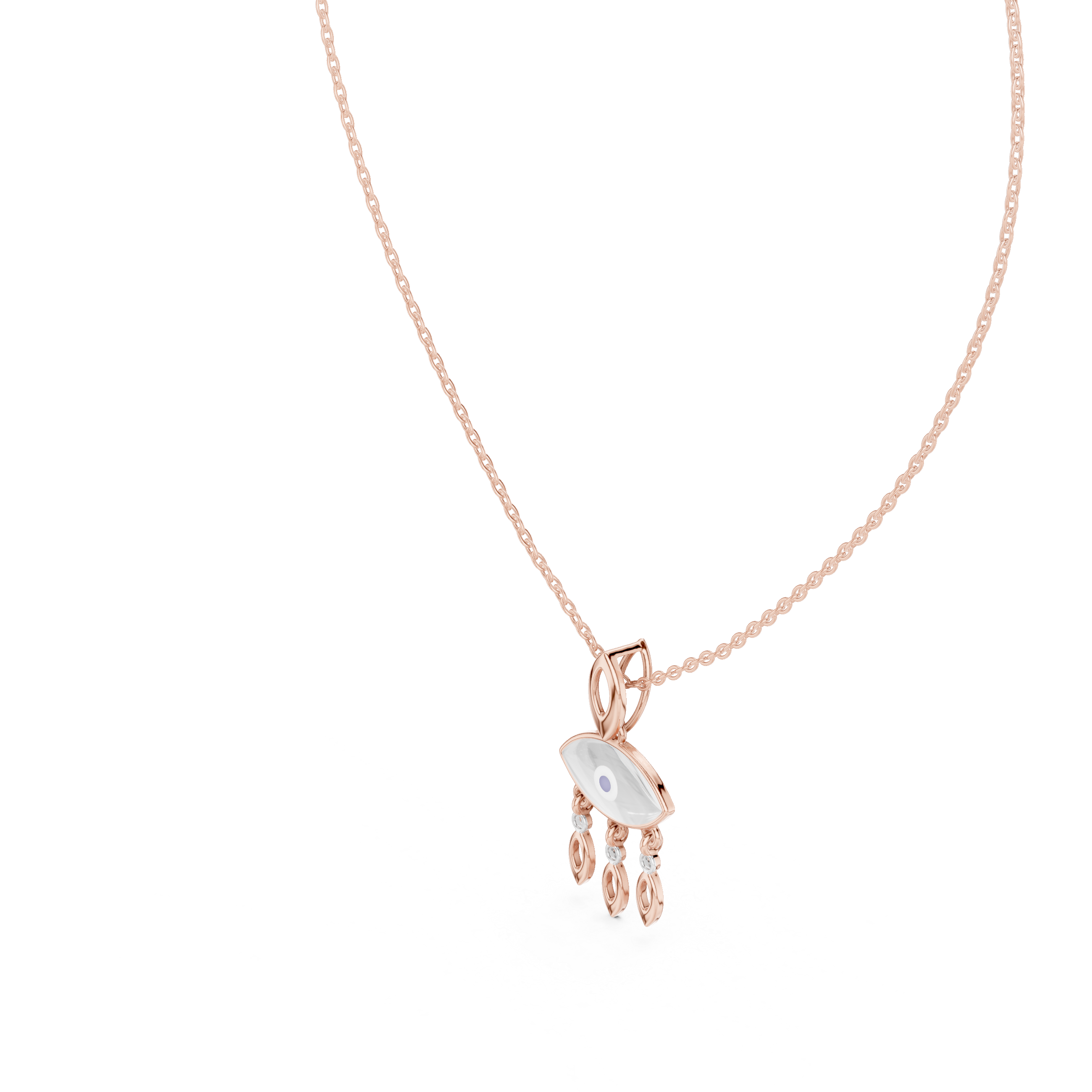 Rose gold evil eye pendant close-up with blue eye center and hanging drop details