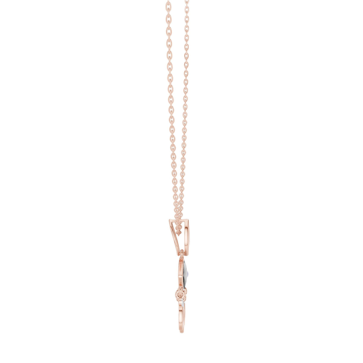 Rose gold evil eye pendant on a fine chain with a small charm drop