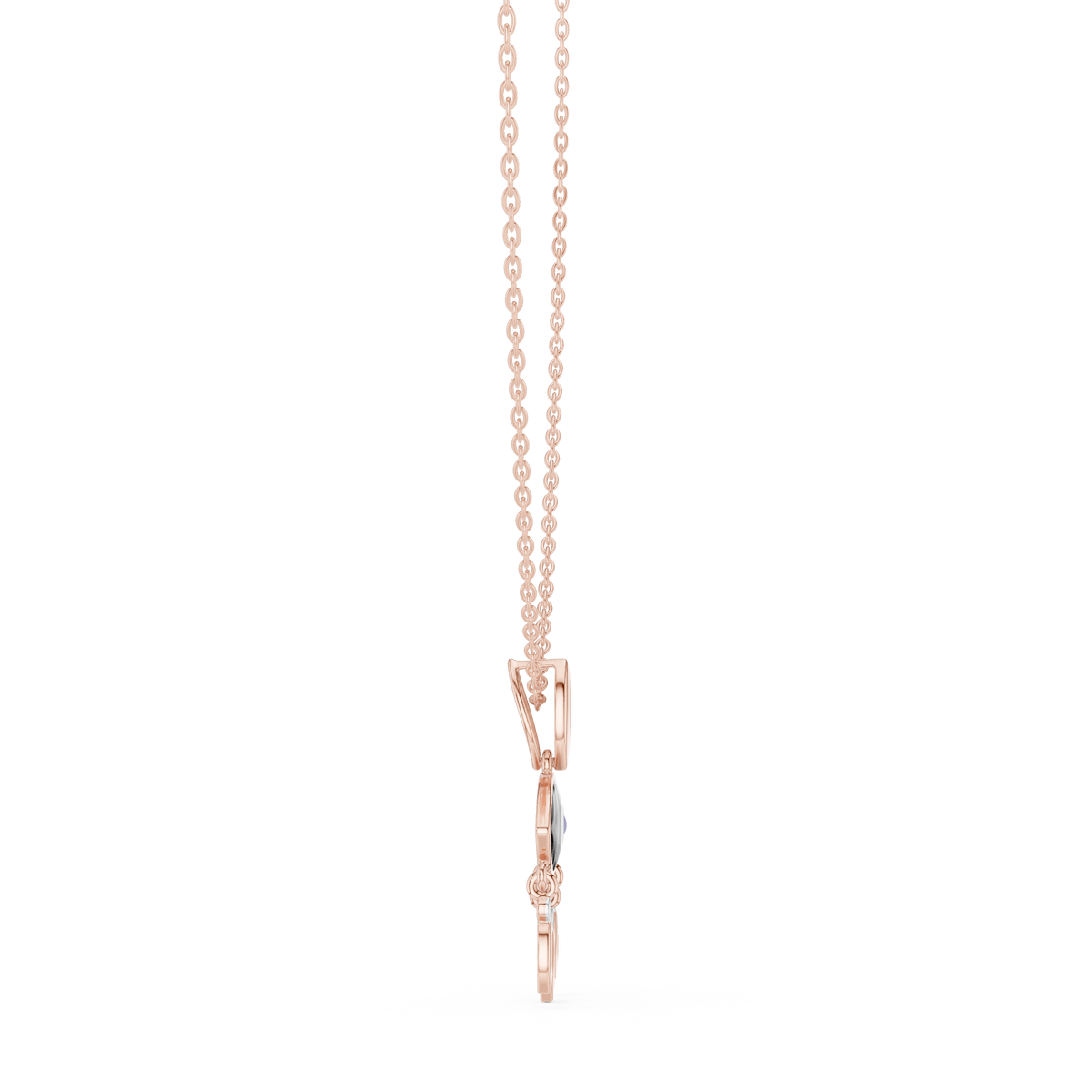Rose gold evil eye pendant on a fine chain with a small charm drop