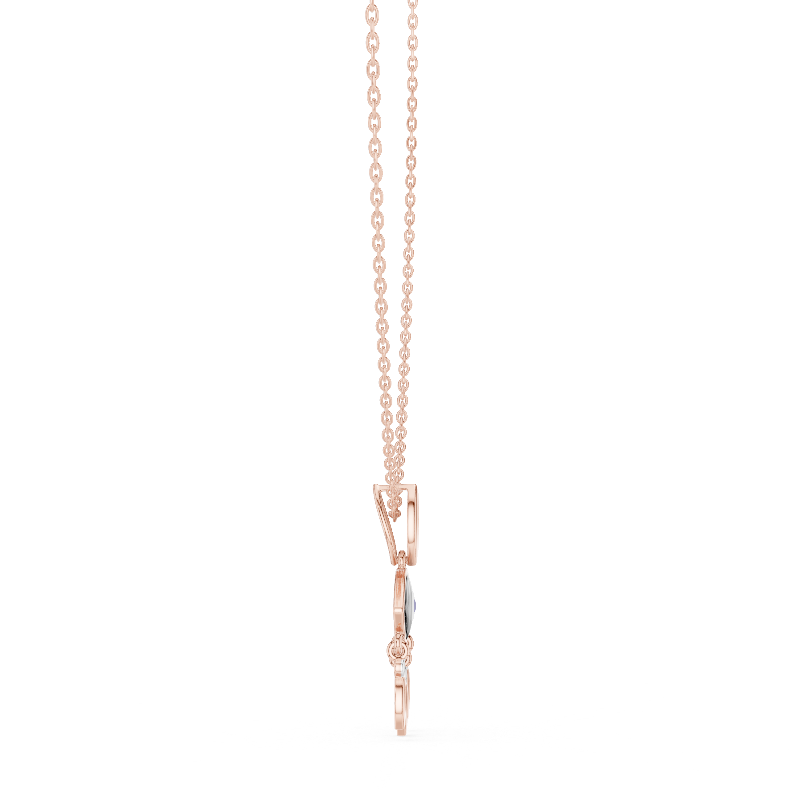Rose gold evil eye pendant on a fine chain with a small charm drop